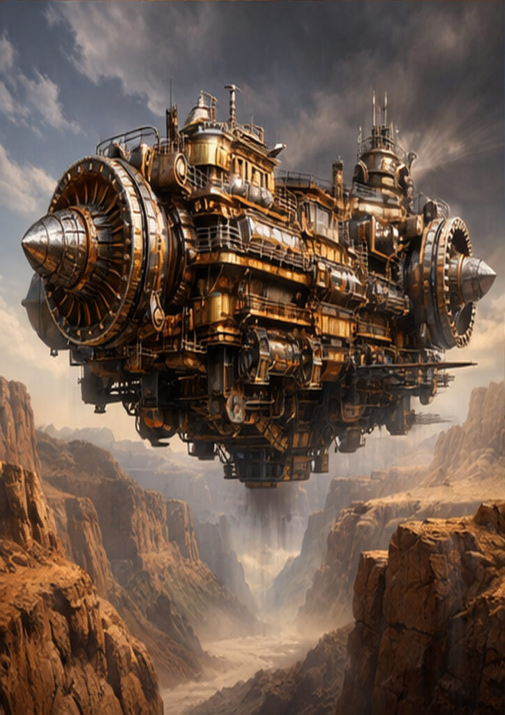Steampunk vehicle illustration portraying an imaginative mechanical vehicle from an alternate industrial era.
