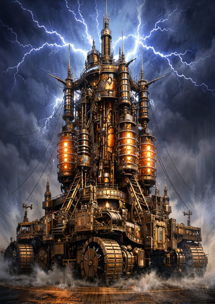 Steampunk vehicle illustration portraying an imaginative mechanical vehicle from an alternate industrial era.