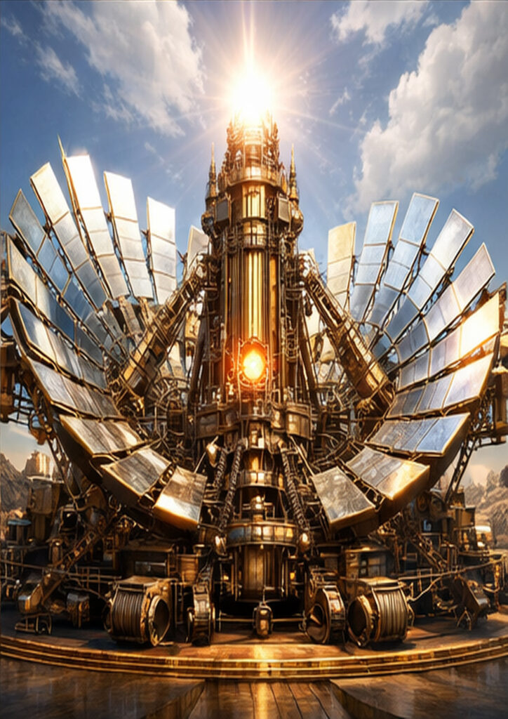 Retro-futuristic steampunk vehicle artwork showing a steam-powered machine with intricate metal details.