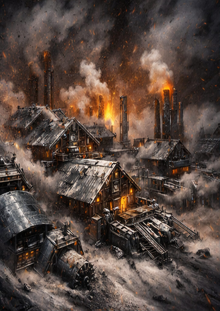 Steampunk landscape illustration showing a mechanical cityscape powered by steam and intricate machinery.