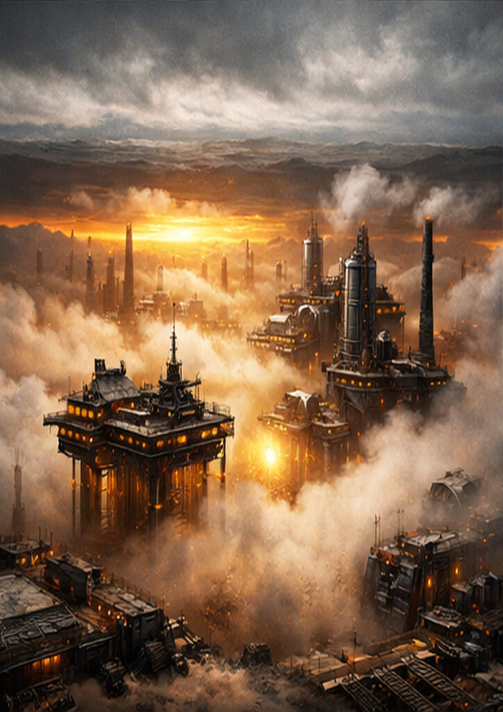 Industrial steampunk landscape artwork combining mechanical design with expansive atmospheric scenery.