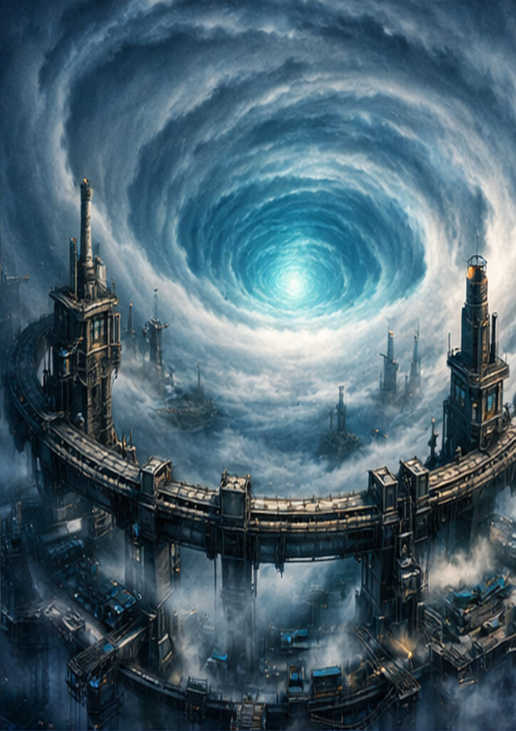 Industrial steampunk landscape artwork combining mechanical design with expansive atmospheric scenery.