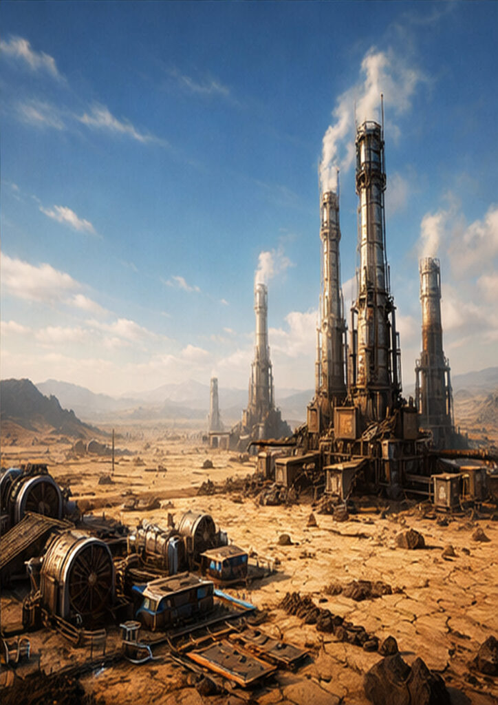 Industrial steampunk landscape artwork combining mechanical design with expansive atmospheric scenery.