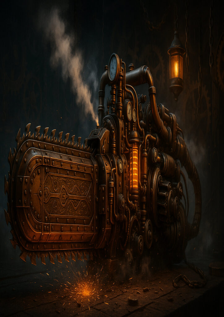 Mechanical steampunk interpretation of an everyday object with intricate metal detailing.