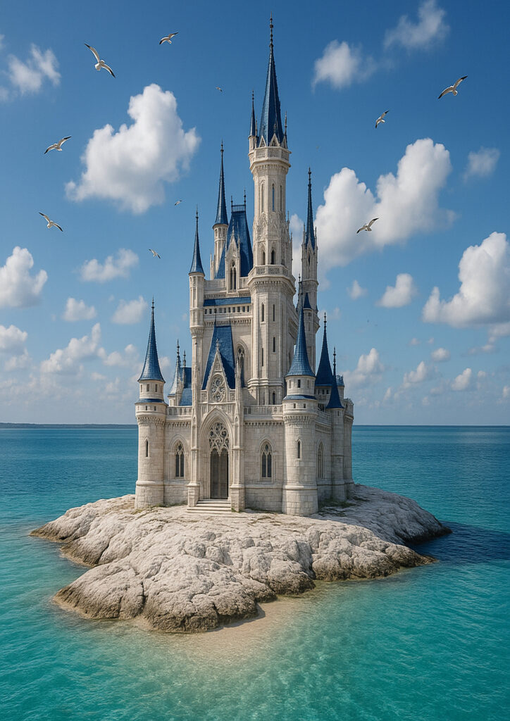 Ultra realistic fantasy castle on rocky landscape, detailed stone textures, dramatic sky, photorealistic castle artwork