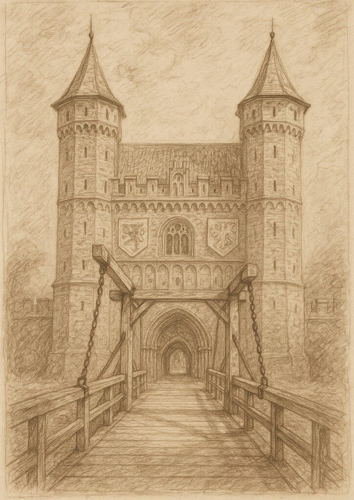 Medieval castle sepia sketch, detailed pencil and ink drawing, historic fortress illustration in antique style