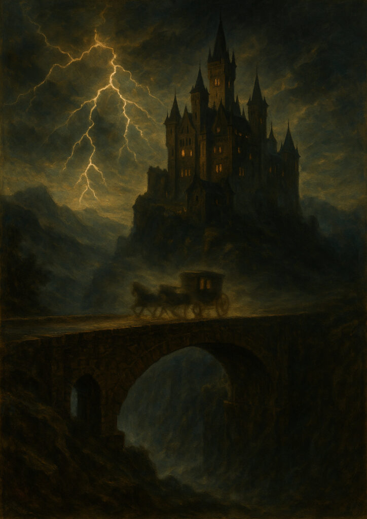 Medieval castle in painterly style, textured brushwork, atmospheric fantasy architecture painting