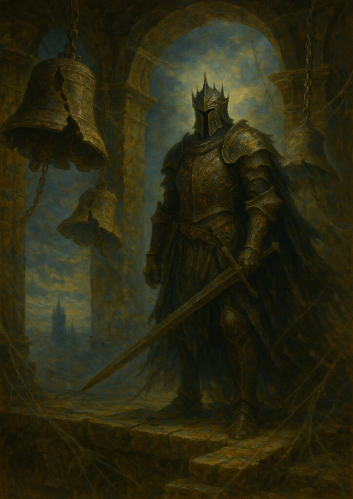 Armored medieval knight with sword and shield, realistic fantasy knight artwork, cinematic lighting, wall art print