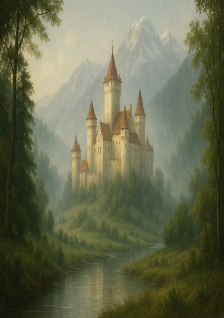 Fantasy castle towering over landscape, epic medieval fortress illustration, detailed stone architecture, fantasy castle wall art Epic fantasy castle on rocky hill, medieval stronghold with towers and walls, cinematic fantasy artwork, high resolution print