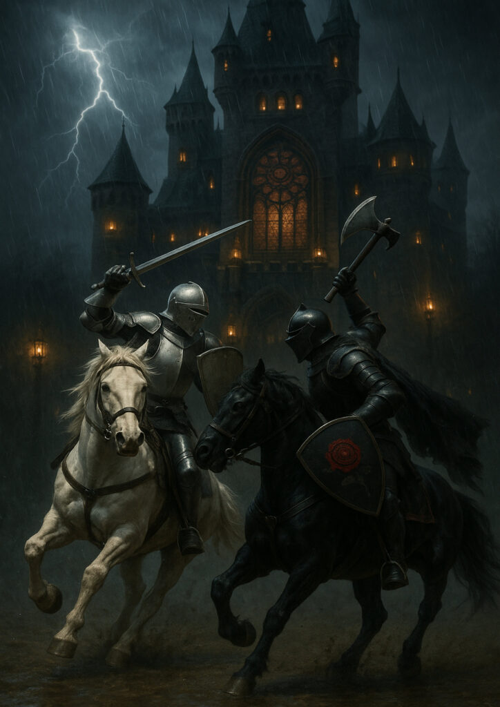 Photorealistic knight warrior wearing detailed plate armor, realistic medieval fantasy character, high quality wall art print