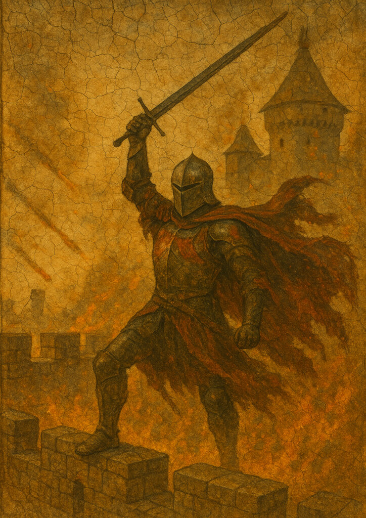 Medieval knight fresco style artwork, aged plaster wall texture, historic knight illustration inspired by medieval fresco painting Knight painted in medieval fresco style, weathered wall mural look, classic historical knight artwork with aged colors