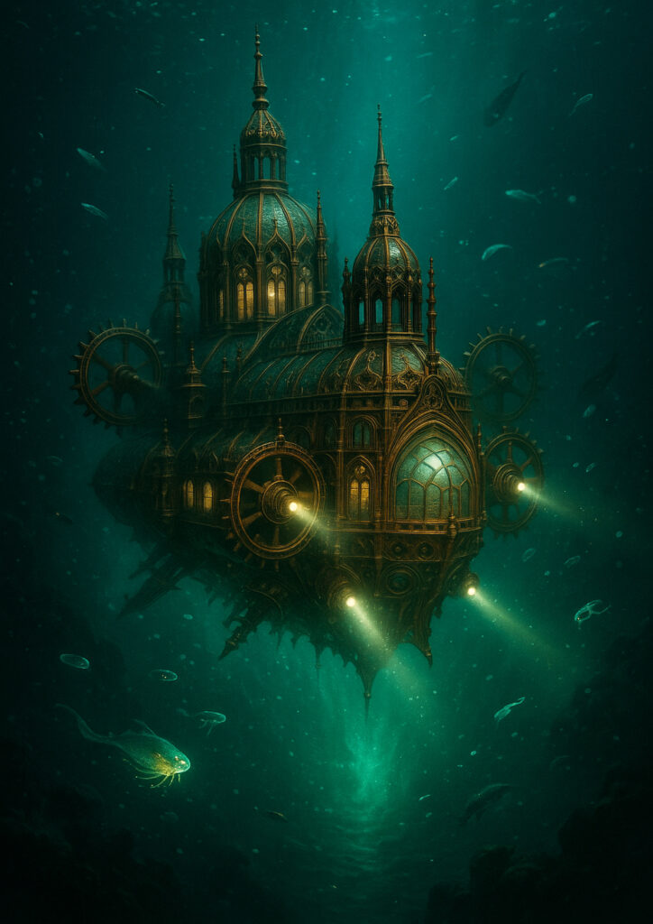 Steampunk vehicle artwork presenting an alternate-world transport machine with exposed gears and pipes.