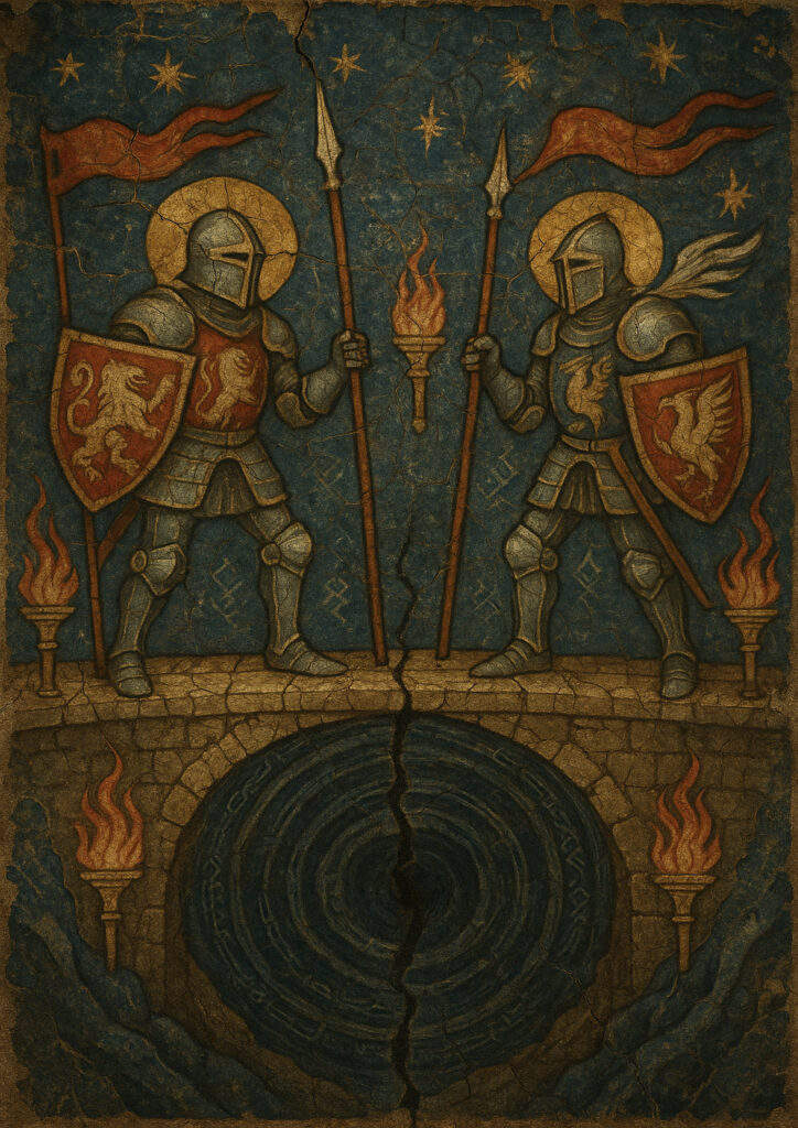 Traditional medieval fresco painting style, worn plaster wall, historic European mural illustration