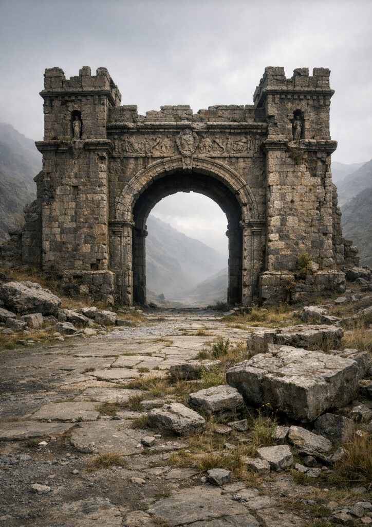 photorealistic ruins landscape with crumbling buildings