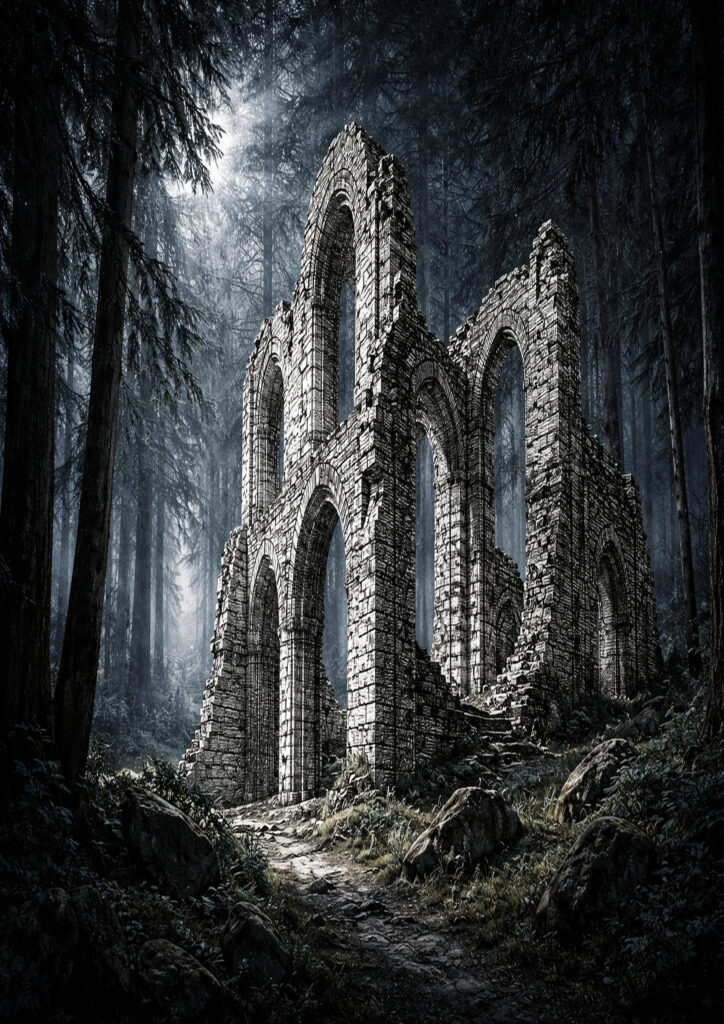 ruins landscape sketch with crumbling architecture