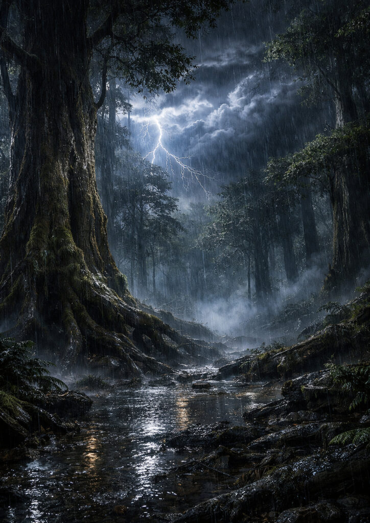 storm landscape artwork showing heavy clouds and rain