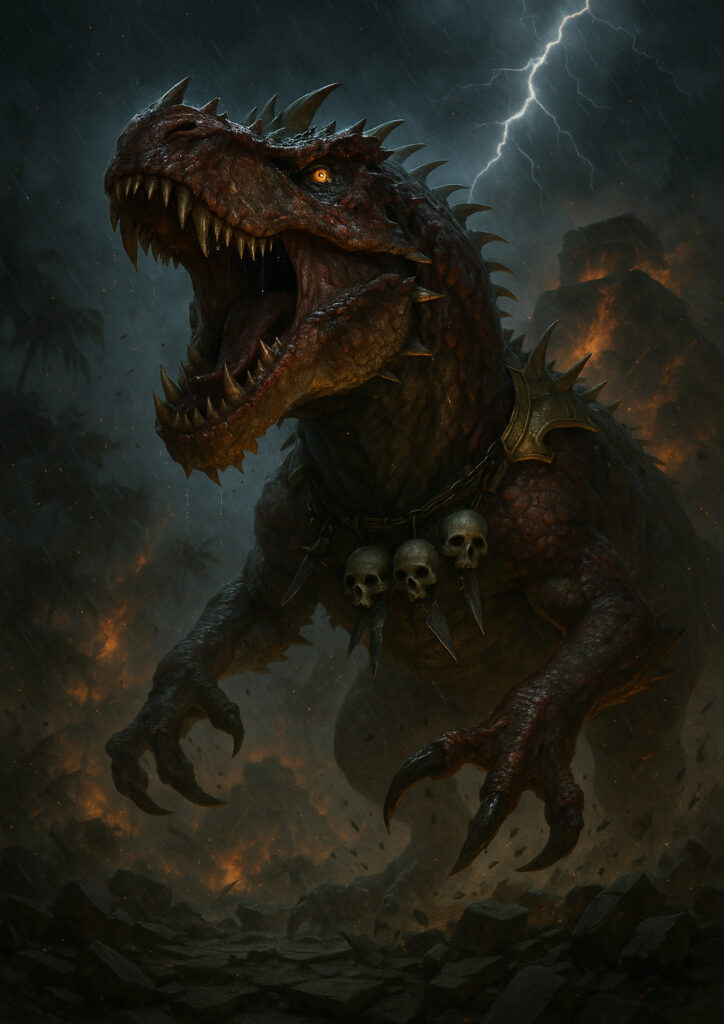 Epic warhammer inspired lizardmen battlefield scene