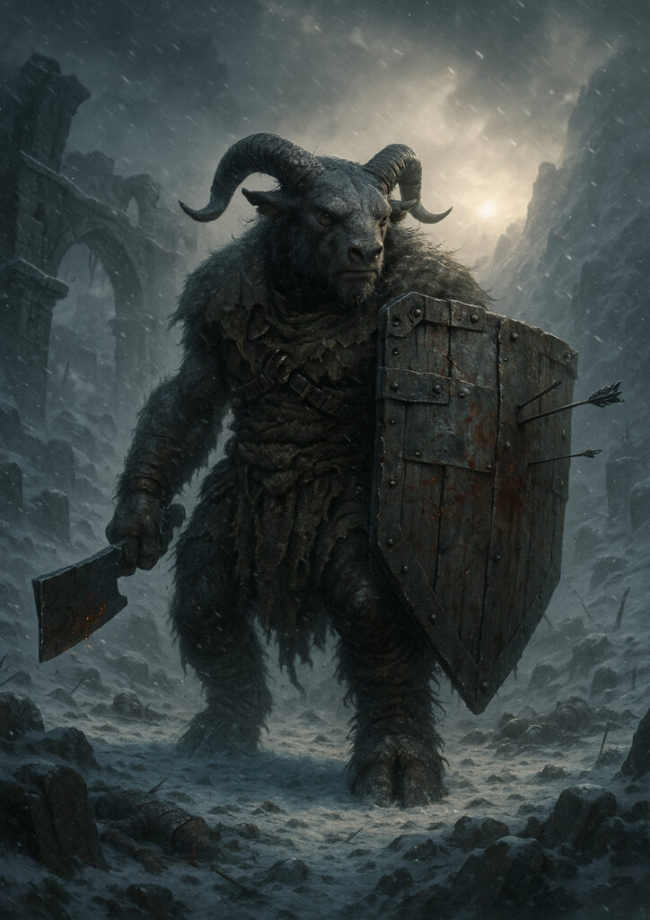 Dark fantasy beastmen with warhammer influence