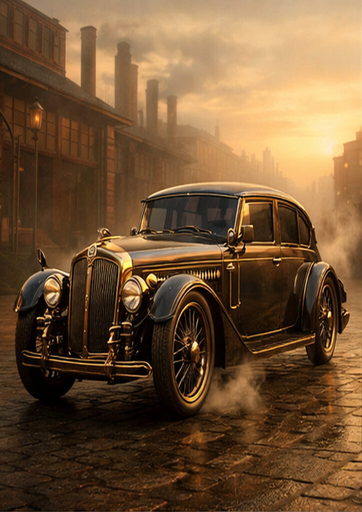 Steampunk vehicle artwork presenting an alternate-world transport machine with exposed gears and pipes.