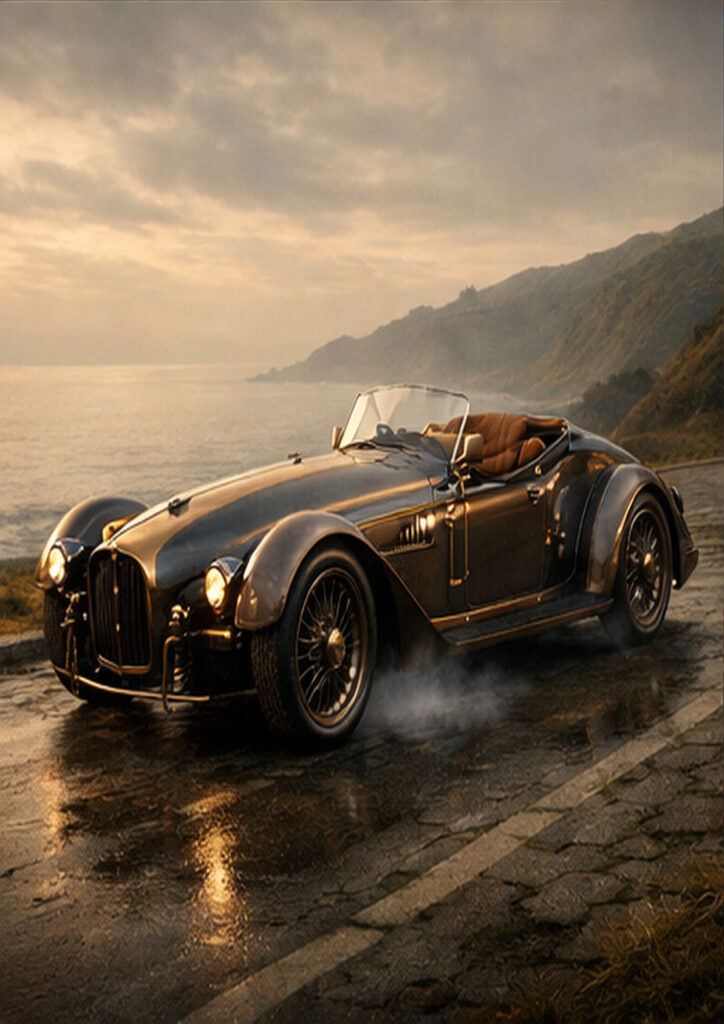 Steampunk vehicle artwork presenting an alternate-world transport machine with exposed gears and pipes.