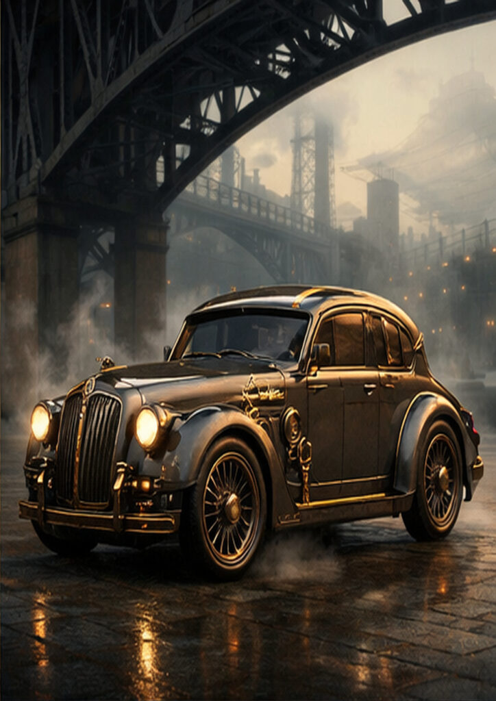 Steampunk vehicle artwork presenting an alternate-world transport machine with exposed gears and pipes.