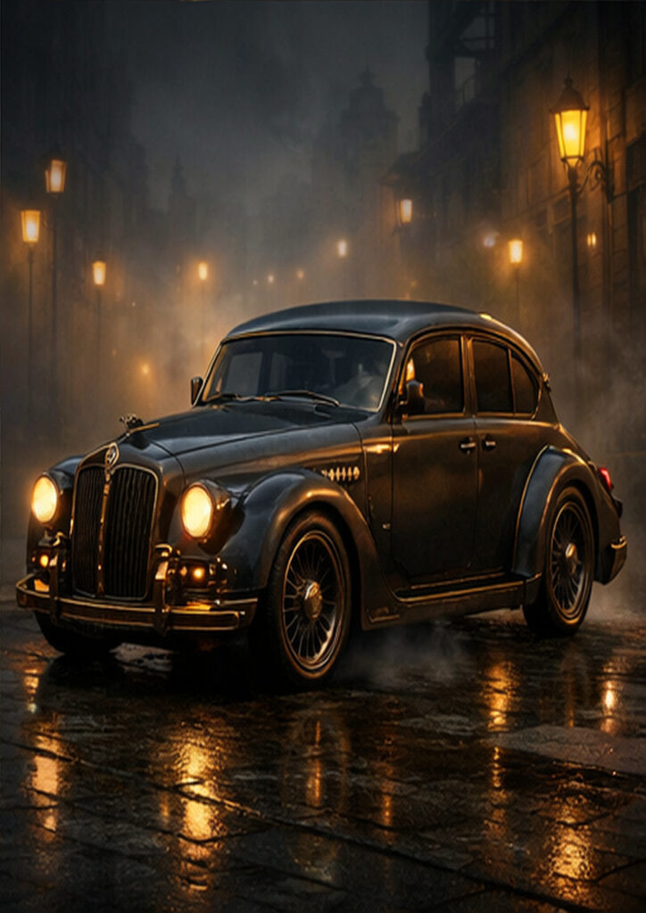 Mechanical steampunk vehicle illustration inspired by Victorian industrial design and clockwork engineering.