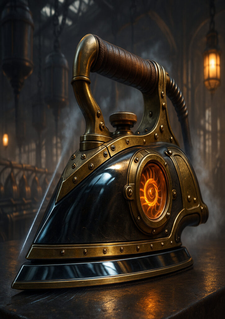 Steampunk everyday item artwork combining practical design with imaginative mechanical features.