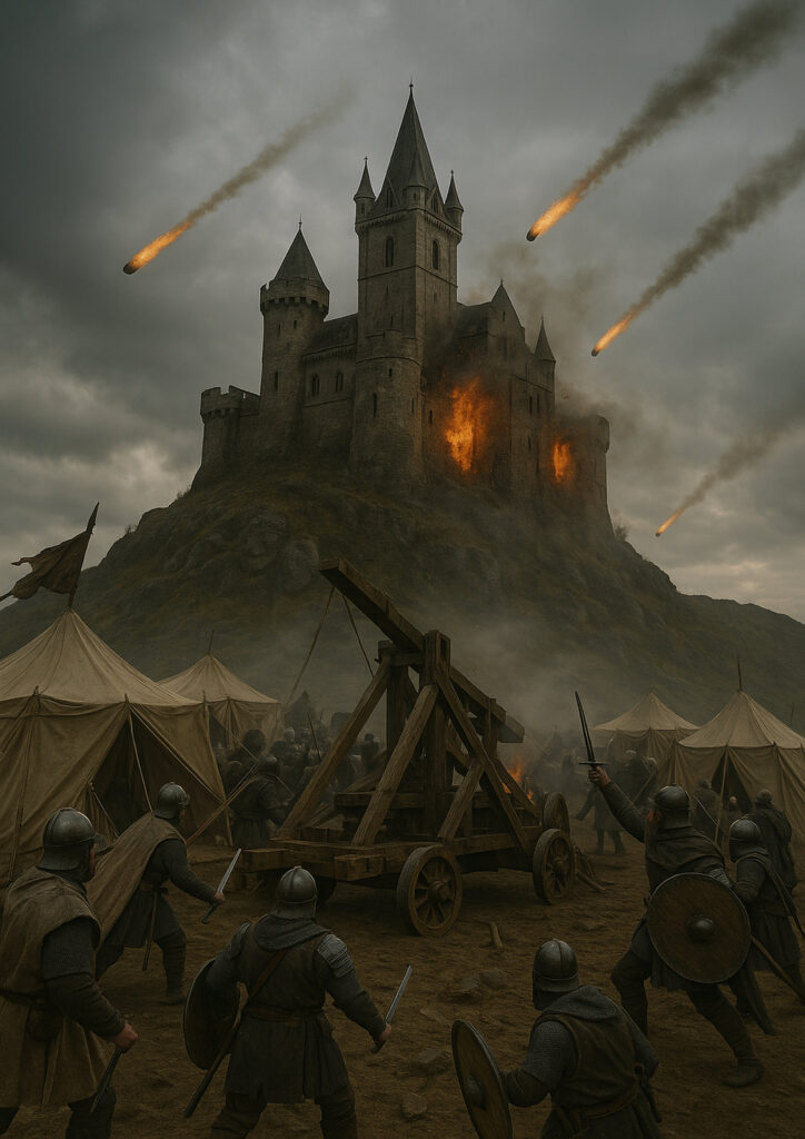 Photorealistic medieval castle, ultra realistic stone fortress with towers and walls, cinematic lighting, high resolution castle wall art