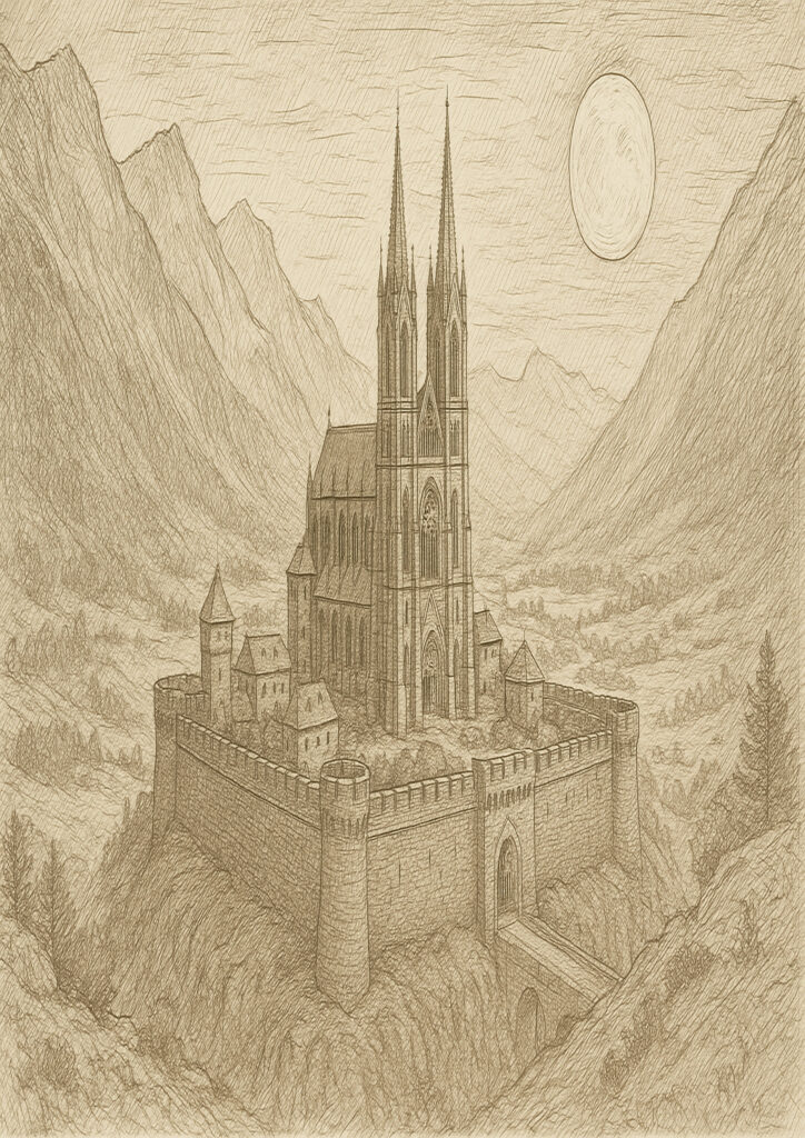 Sepia sketch of medieval castle, hand-drawn architectural illustration, classic castle line art with vintage sepia tones
