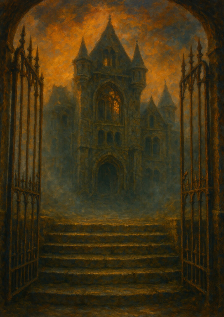 Painterly fantasy castle artwork, expressive brushstrokes, classic painted medieval fortress, artistic castle wall art