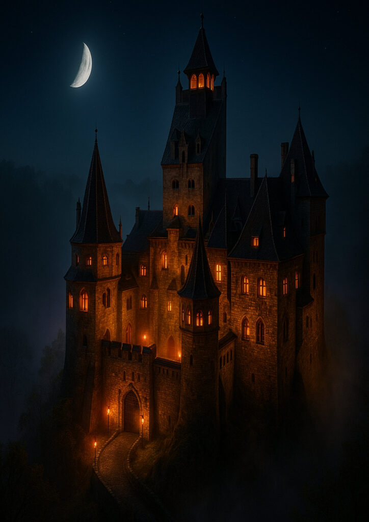 Fantasy castle towering over landscape, epic medieval fortress illustration, detailed stone architecture, fantasy castle wall art