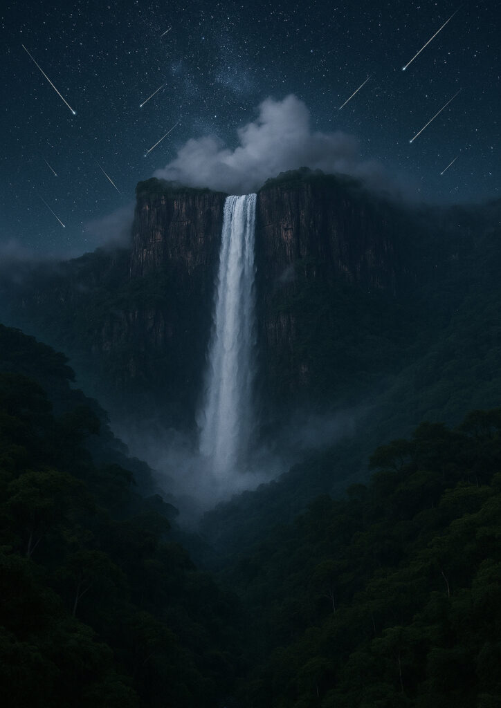 photorealistic waterfall landscape with flowing water