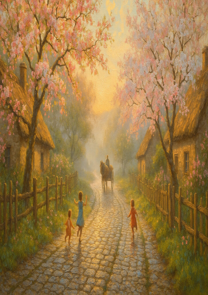 spring countryside landscape with green fields and blossoms