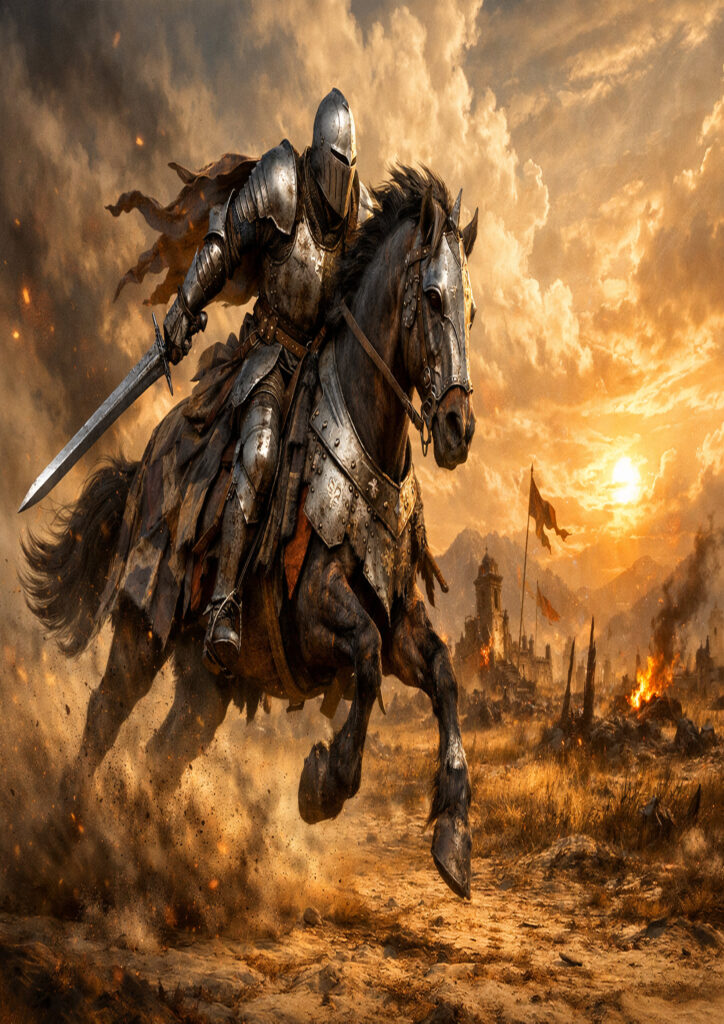 Epic warhammer inspired knights battlefield scene