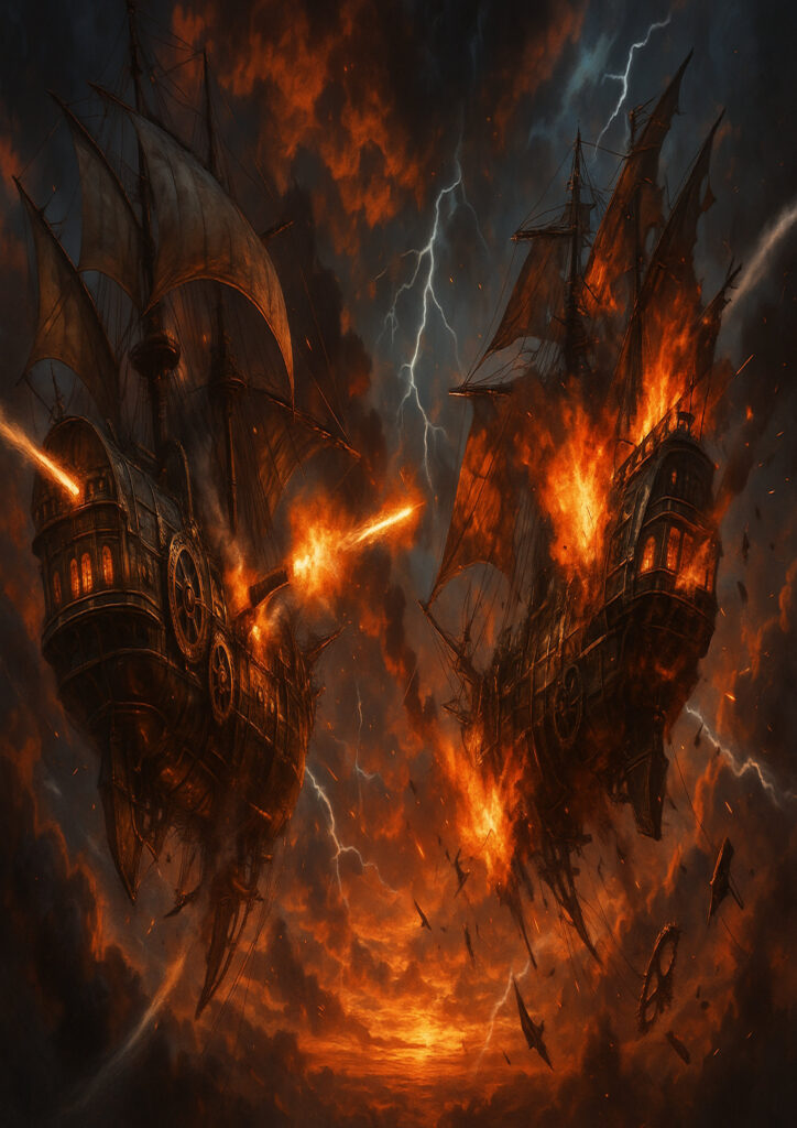 Steampunk vehicle artwork presenting an alternate-world transport machine with exposed gears and pipes.