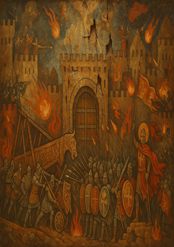 Medieval wall fresco art, antique hand-painted mural style, authentic historic texture and colors