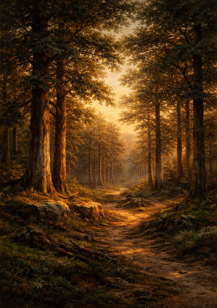 forest landscape illustration with atmospheric depth