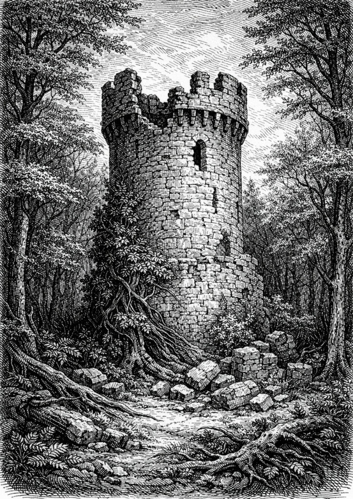 ruins landscape sketch showing collapsed buildings