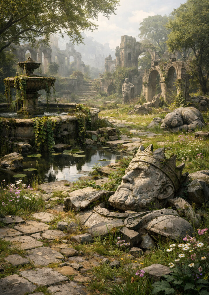 photorealistic ruins landscape with crumbling buildings