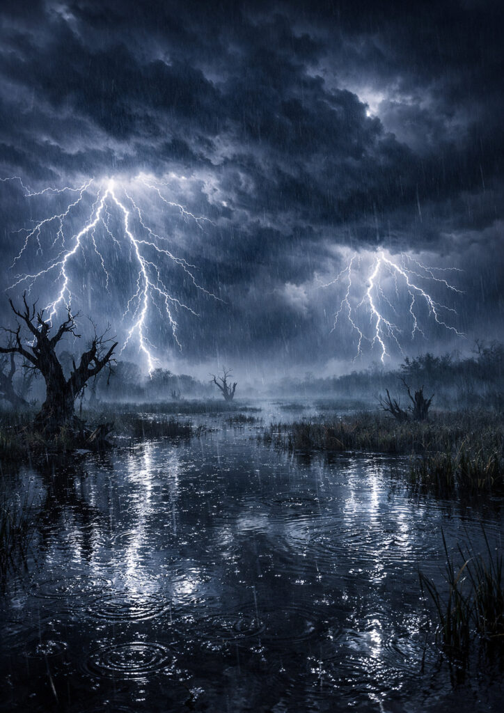 storm landscape artwork showing heavy clouds and rain