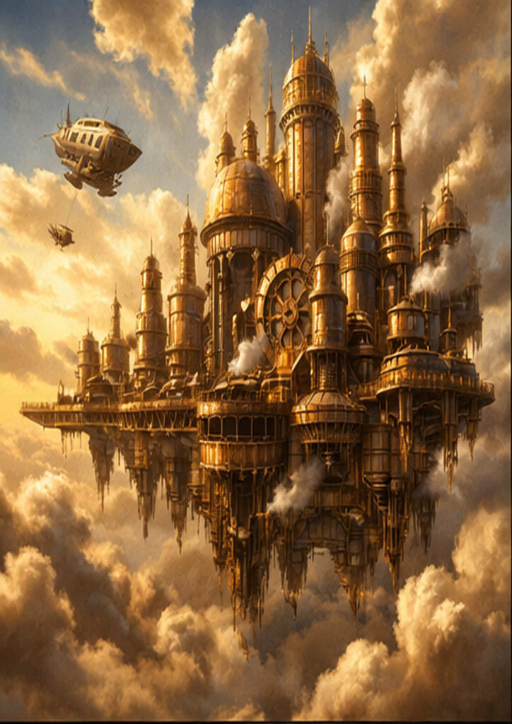Industrial steampunk landscape artwork combining mechanical design with expansive atmospheric scenery.