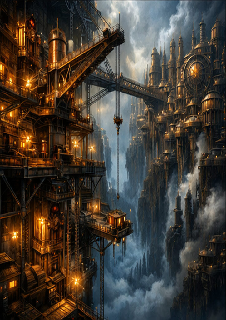 Industrial steampunk landscape artwork combining mechanical design with expansive atmospheric scenery.