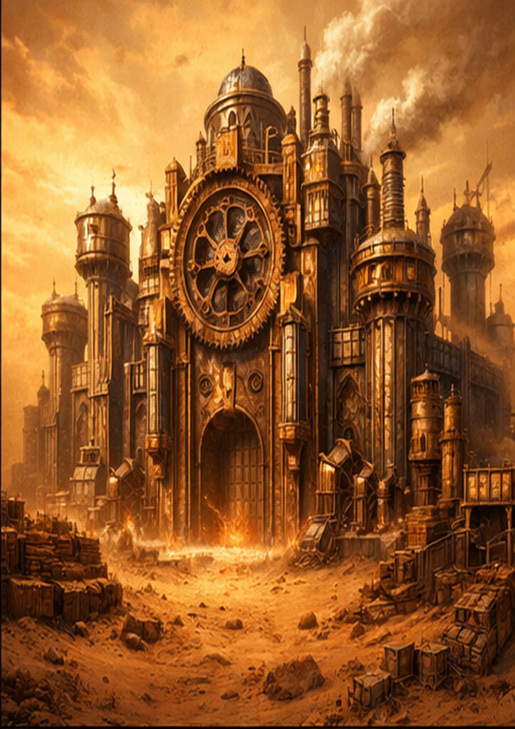 Steampunk landscape illustration portraying an alternate world dominated by steam engines and metal structures.
