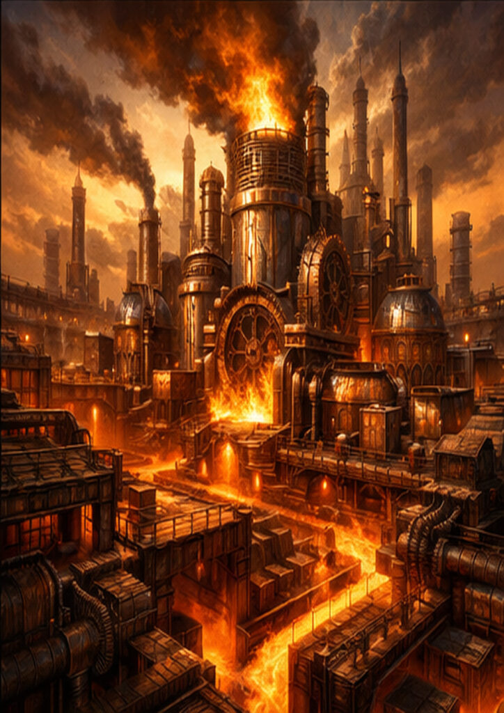 Steampunk landscape illustration portraying an alternate world dominated by steam engines and metal structures.