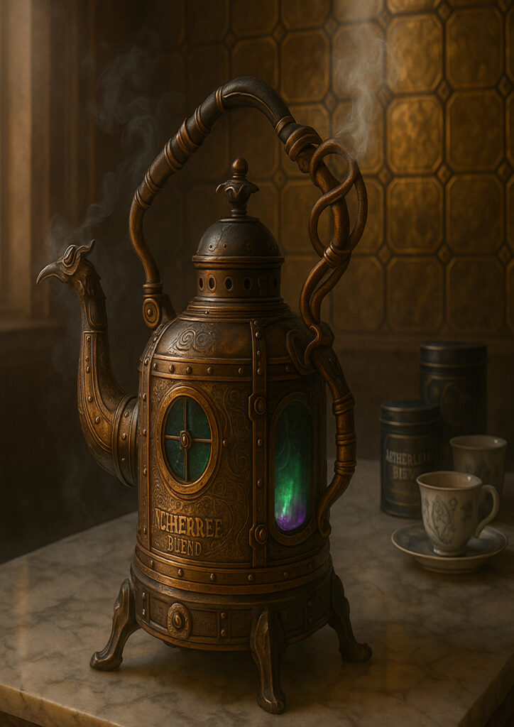 Steampunk illustration of a common item enhanced with industrial machinery and steam elements.