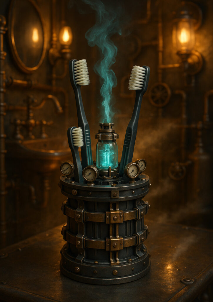 Steampunk illustration of a common item enhanced with industrial machinery and steam elements.