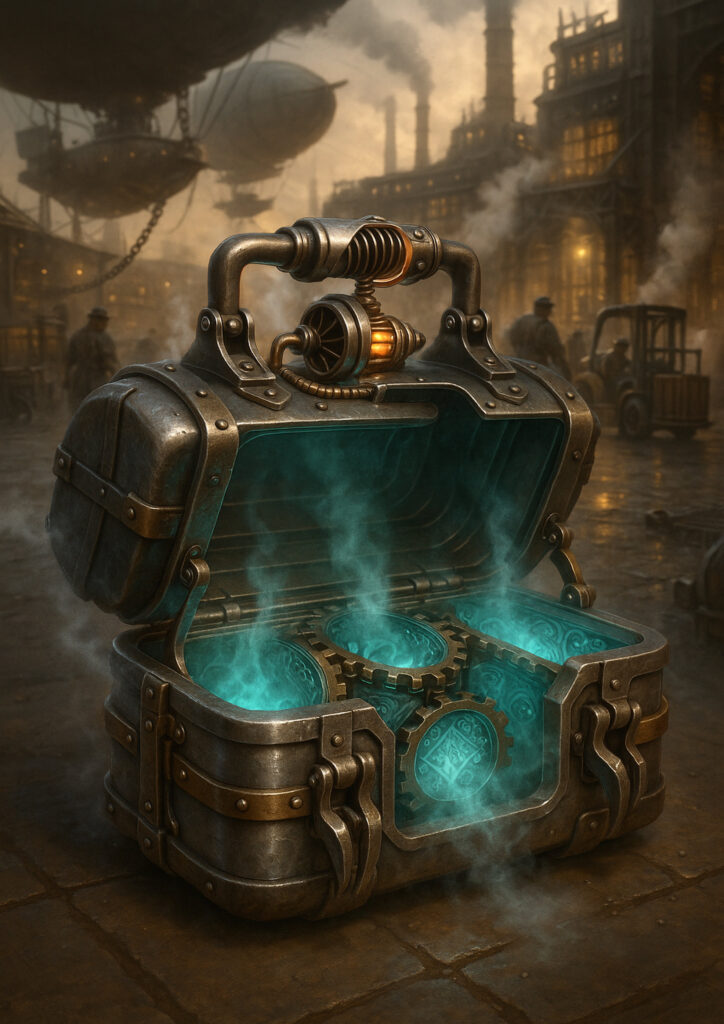 Steampunk illustration of a common item enhanced with industrial machinery and steam elements.