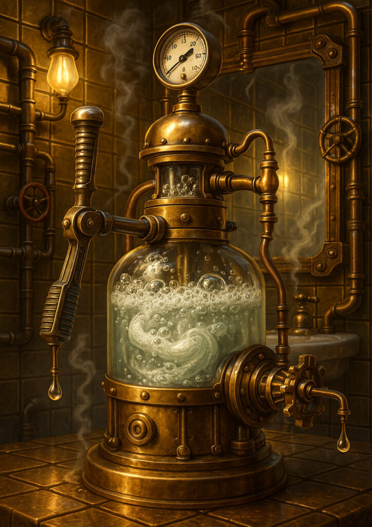 Steampunk illustration of a common item enhanced with industrial machinery and steam elements.
