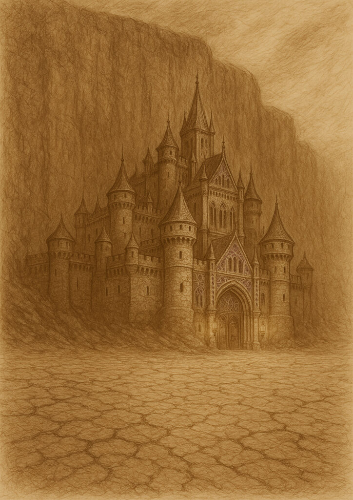 Sepia sketch of medieval castle, hand-drawn architectural illustration, classic castle line art with vintage sepia tones