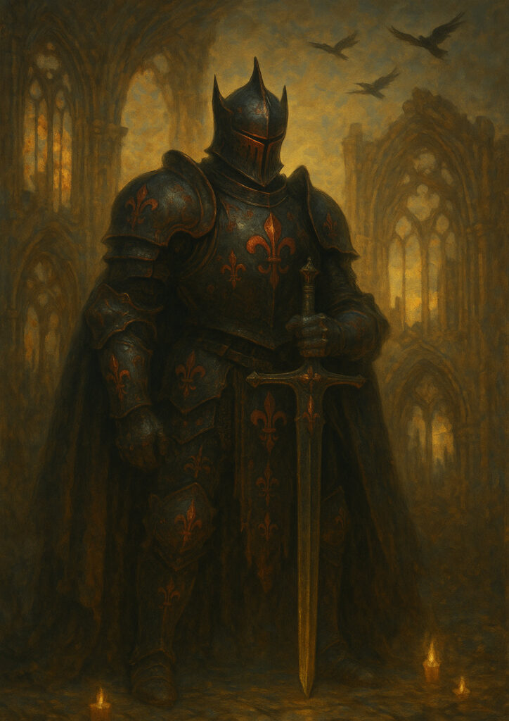 Fantasy knight in full plate armor, detailed medieval warrior illustration, epic knight fantasy wall art, high resolution printable